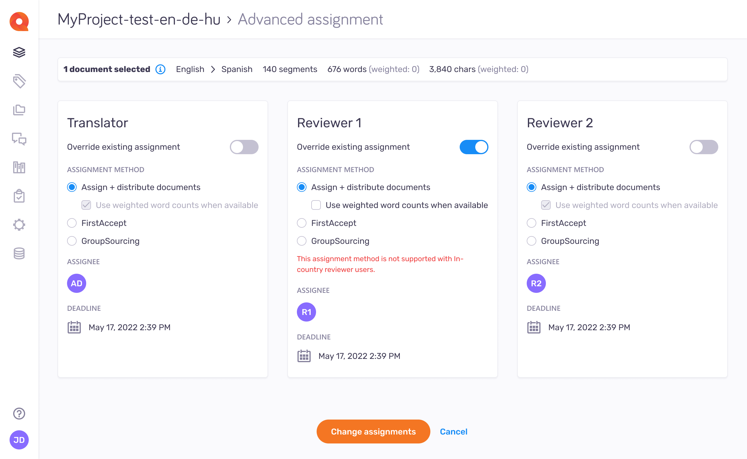 screenshot of memoQ TMS
